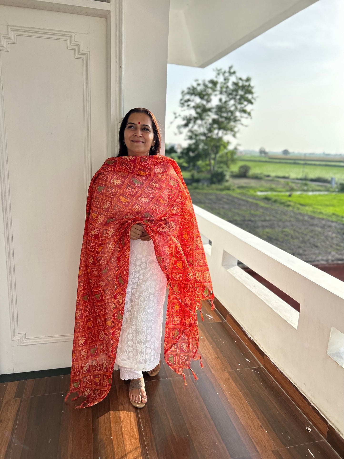 Red Bhandani Print Kota Doria Dupatta