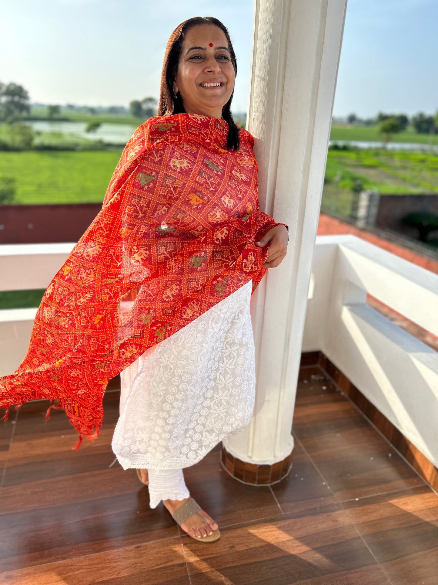 Red Bhandani Print Kota Doria Dupatta