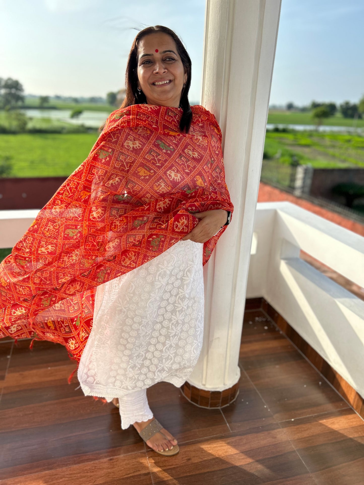 Red Bhandani Print Kota Doria Dupatta