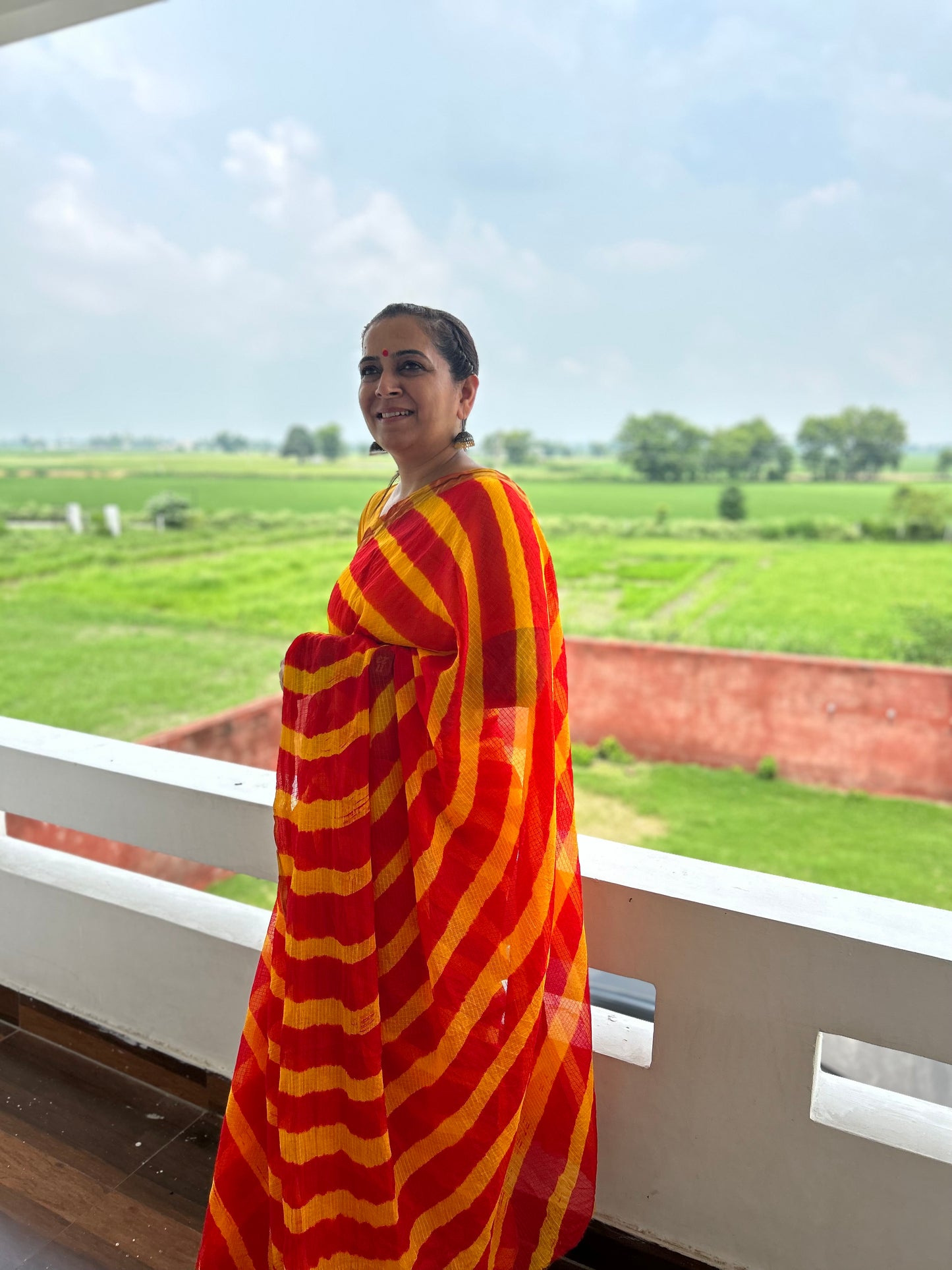 Orange Yellow Lehriya Kota Doria Sari