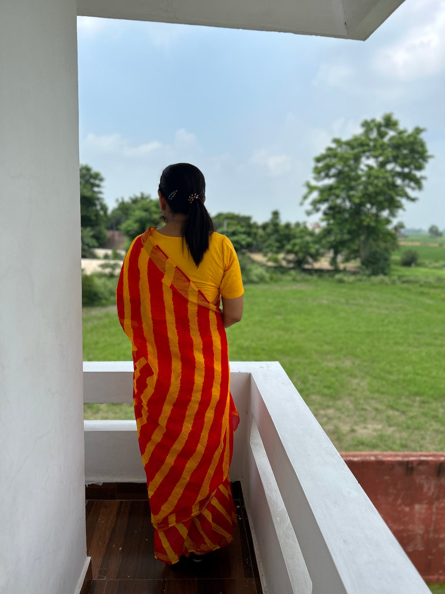 Orange Yellow Lehriya Kota Doria Sari