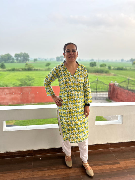 Green Block Printed Kurta
