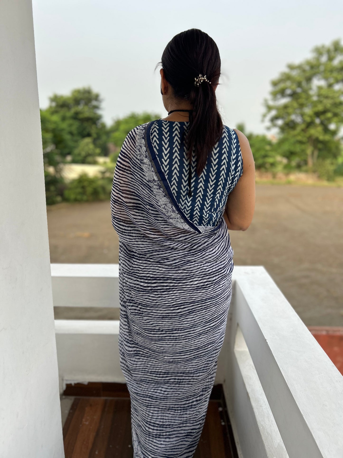 Navy Blue Lehriya Georgette Sari