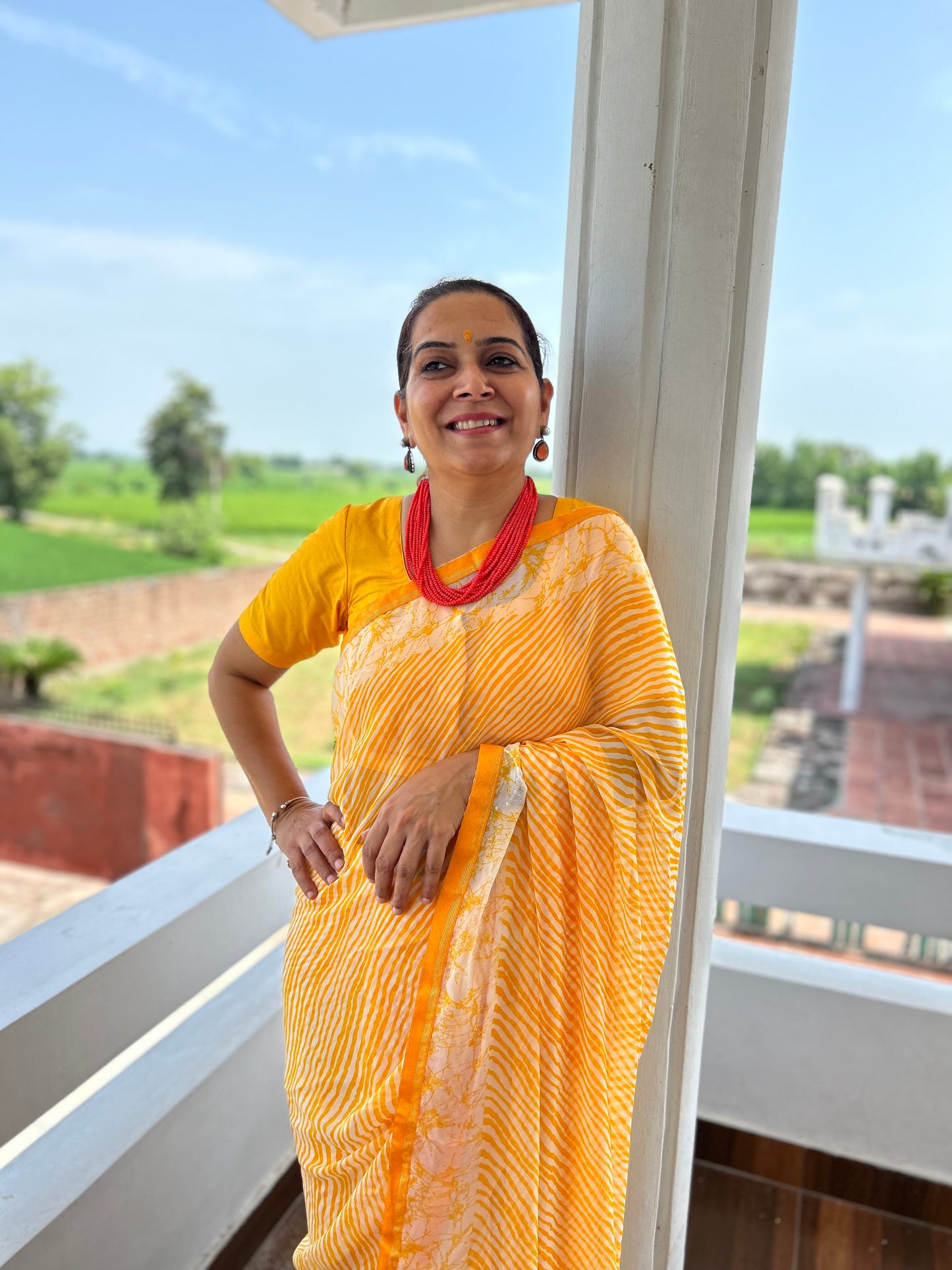 Yellow Georgette Lehriya Sari