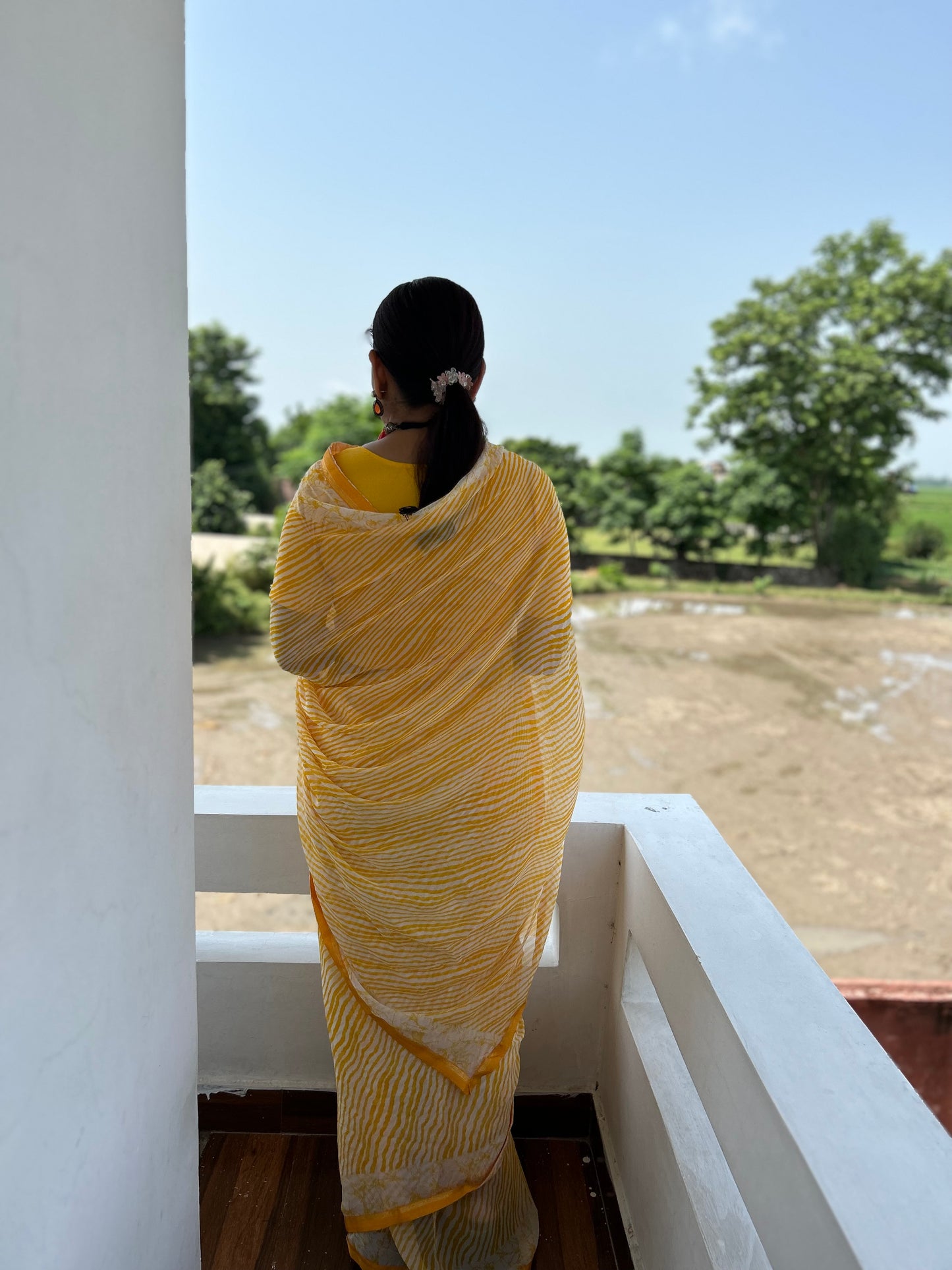 Yellow Georgette Lehriya Sari