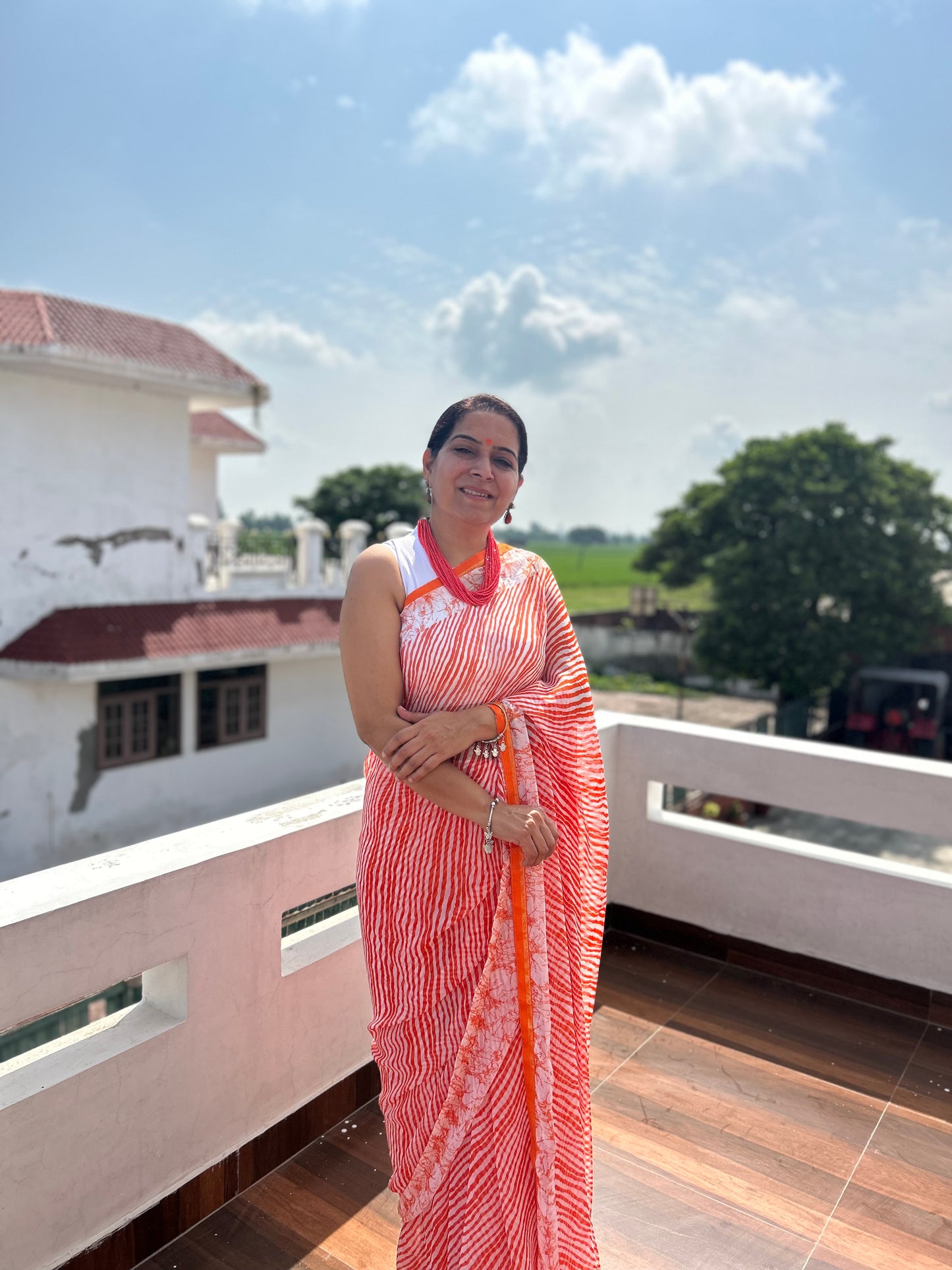 Orange Georgette Lehriya Sari