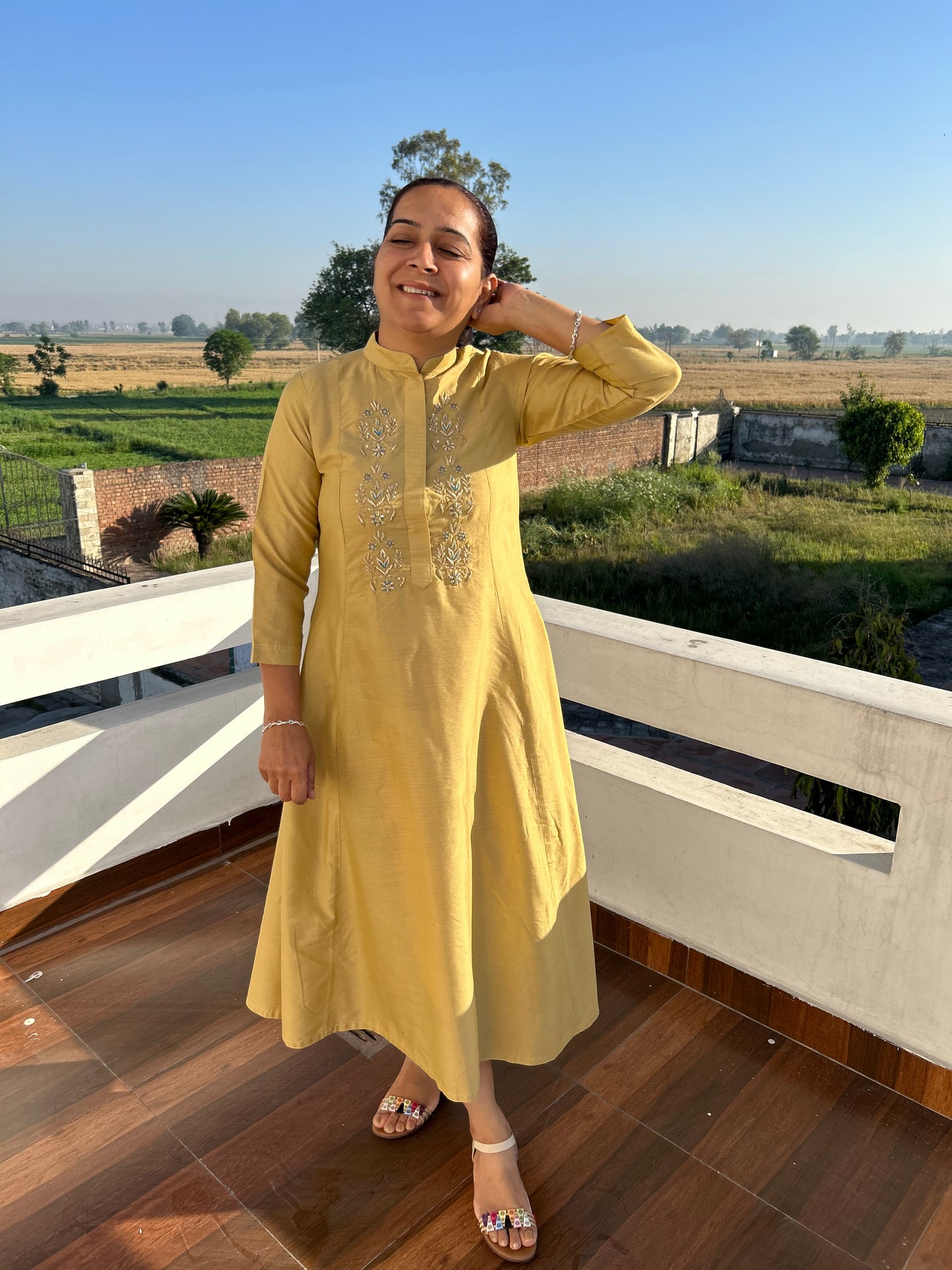 Beige Cotton Silk Hand Embroidered Dress
