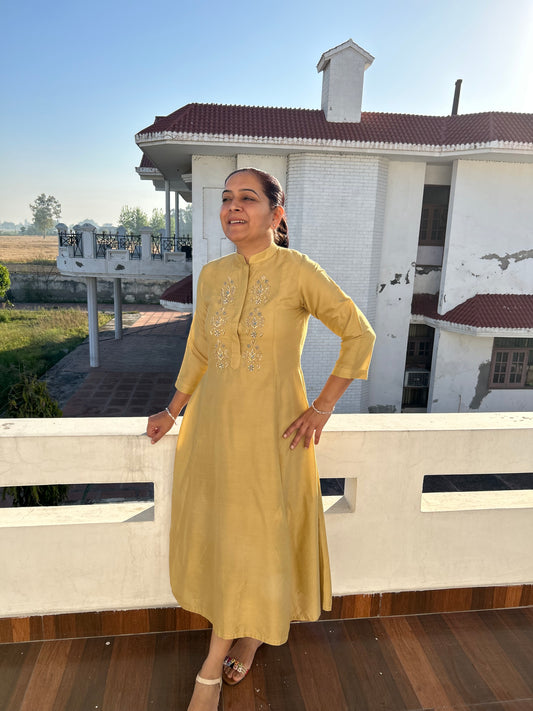 Beige Cotton Silk Hand Embroidered Dress