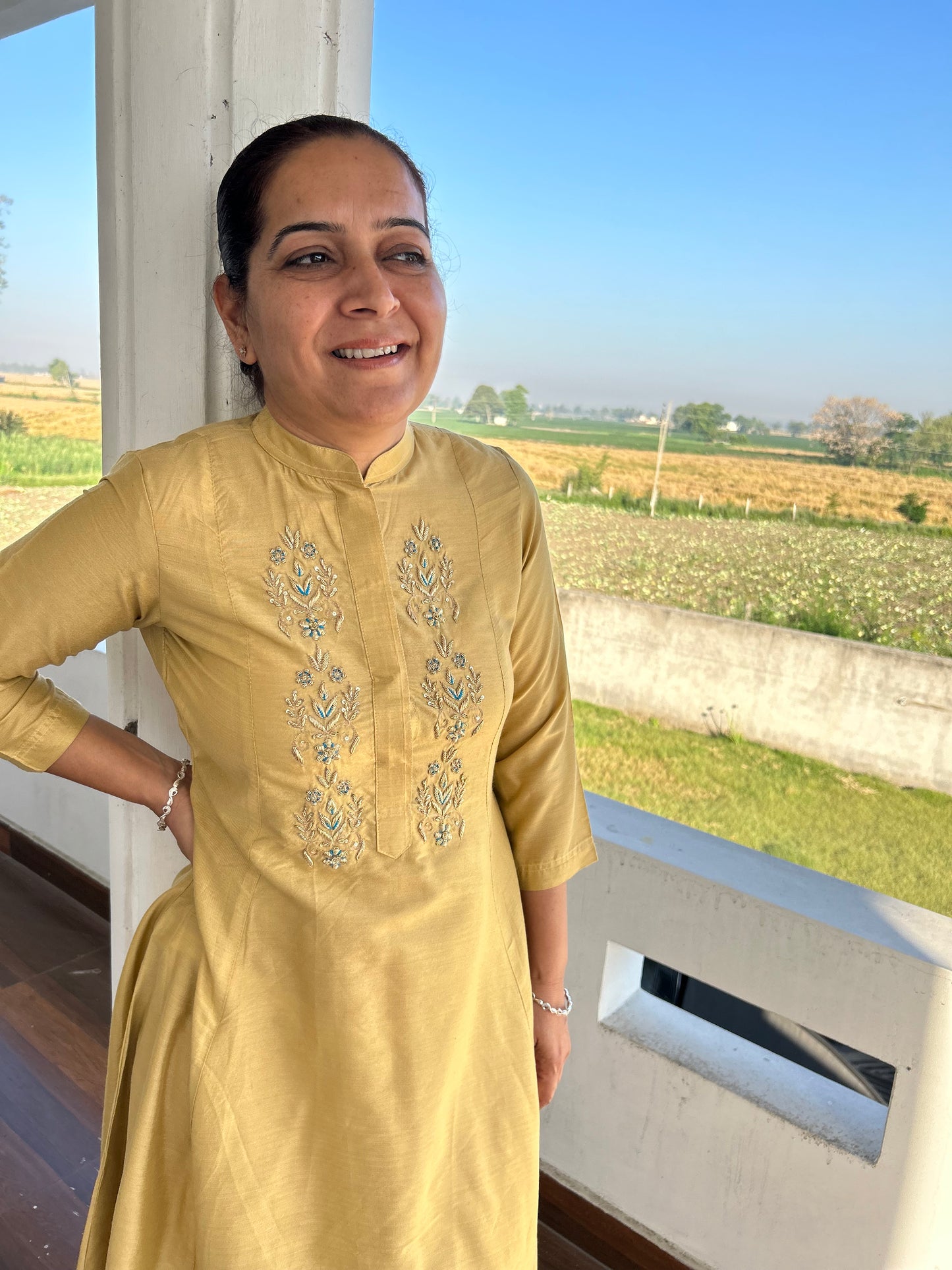 Beige Cotton Silk Hand Embroidered Dress