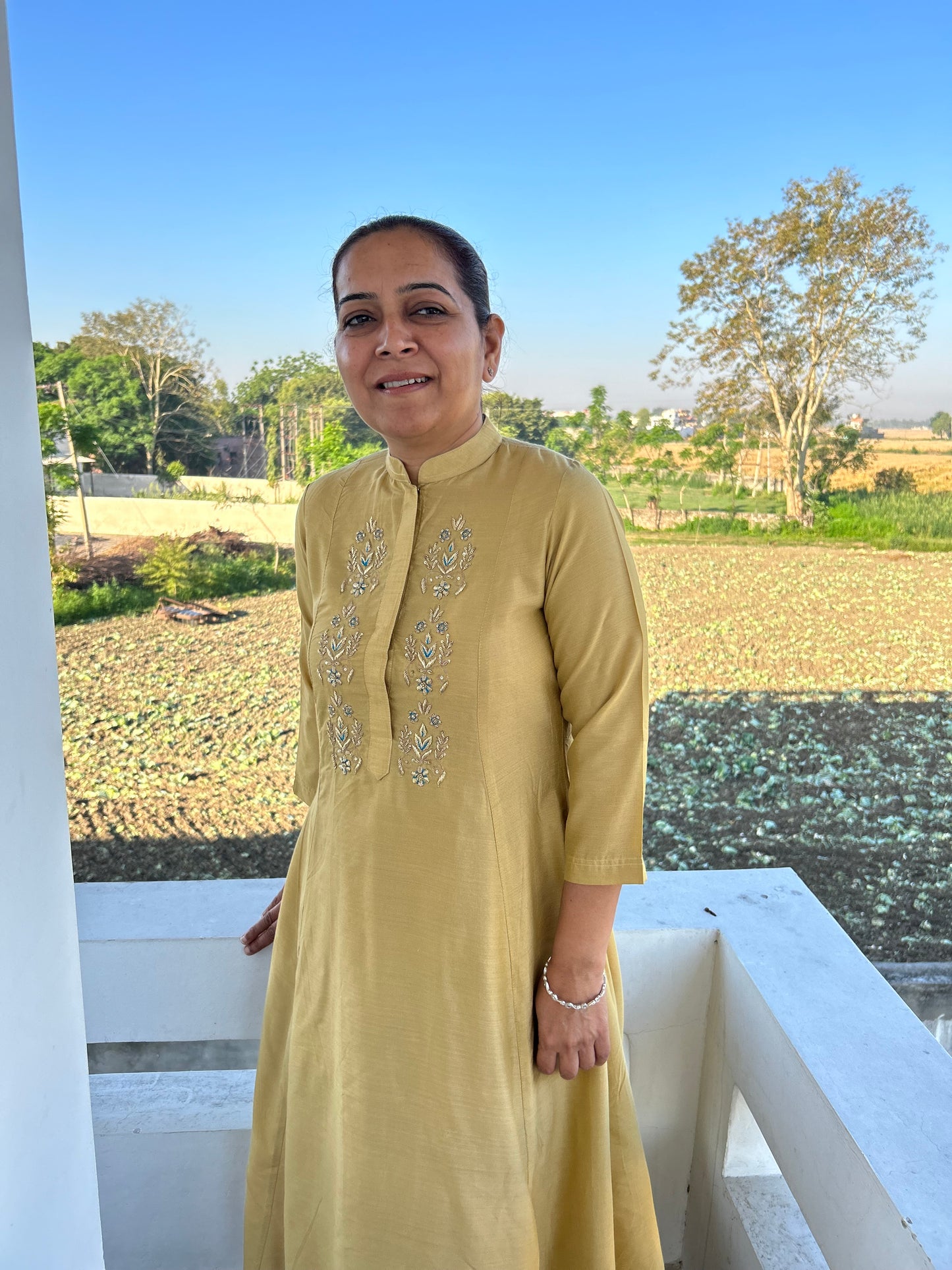 Beige Cotton Silk Hand Embroidered Dress