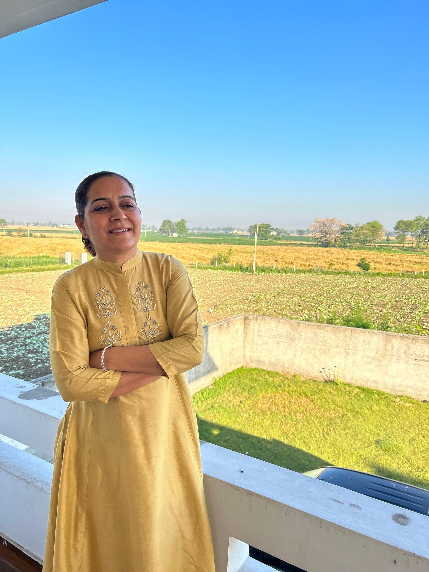 Beige Cotton Silk Hand Embroidered Dress