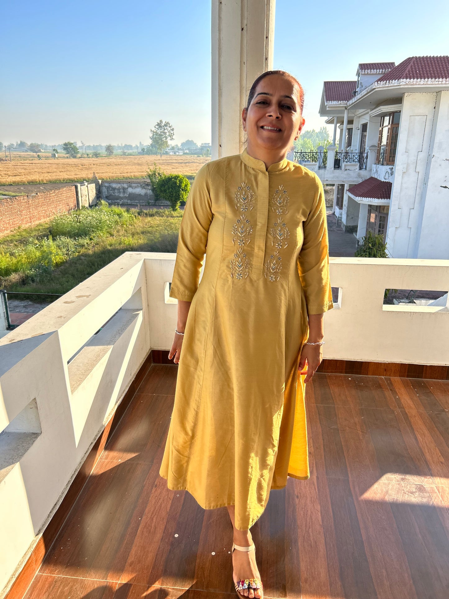 Beige Cotton Silk Hand Embroidered Dress