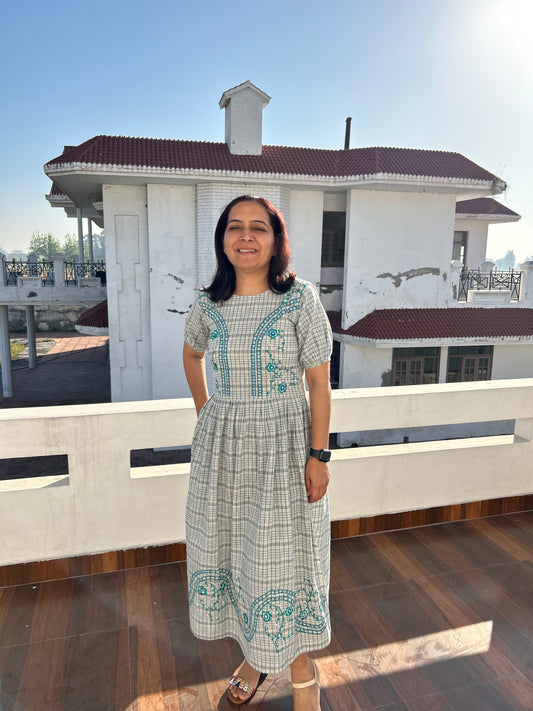 Grey Khadi Cotton Machine Embroidered Dress