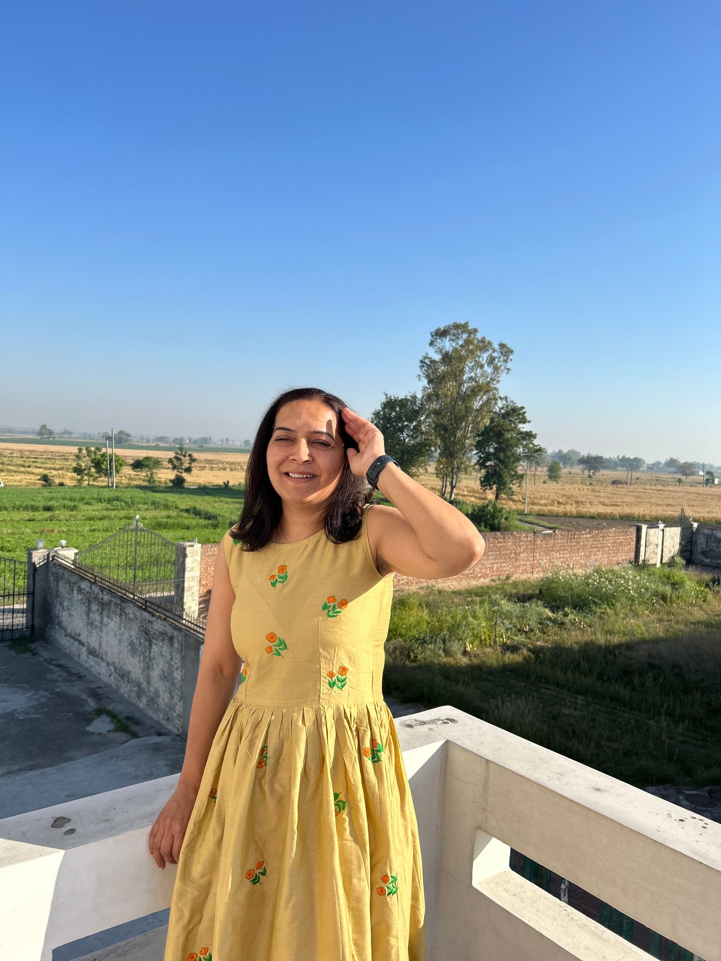 Beige Cotton Silk Hand Embroidered Dress