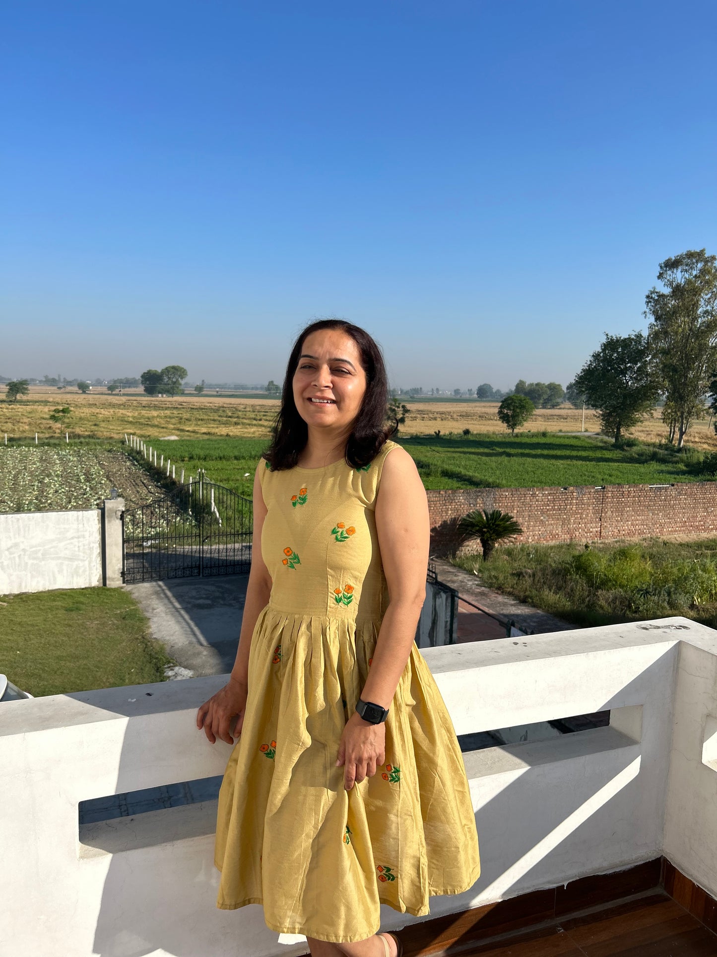 Beige Cotton Silk Hand Embroidered Dress