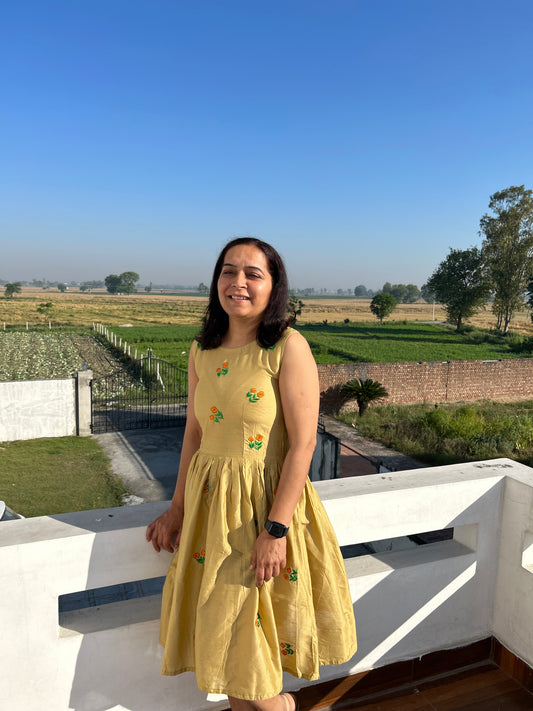 Beige Cotton Silk Hand Embroidered Dress