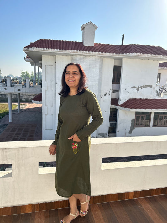 Olive Cotton Slub Machine Embroidered Dress