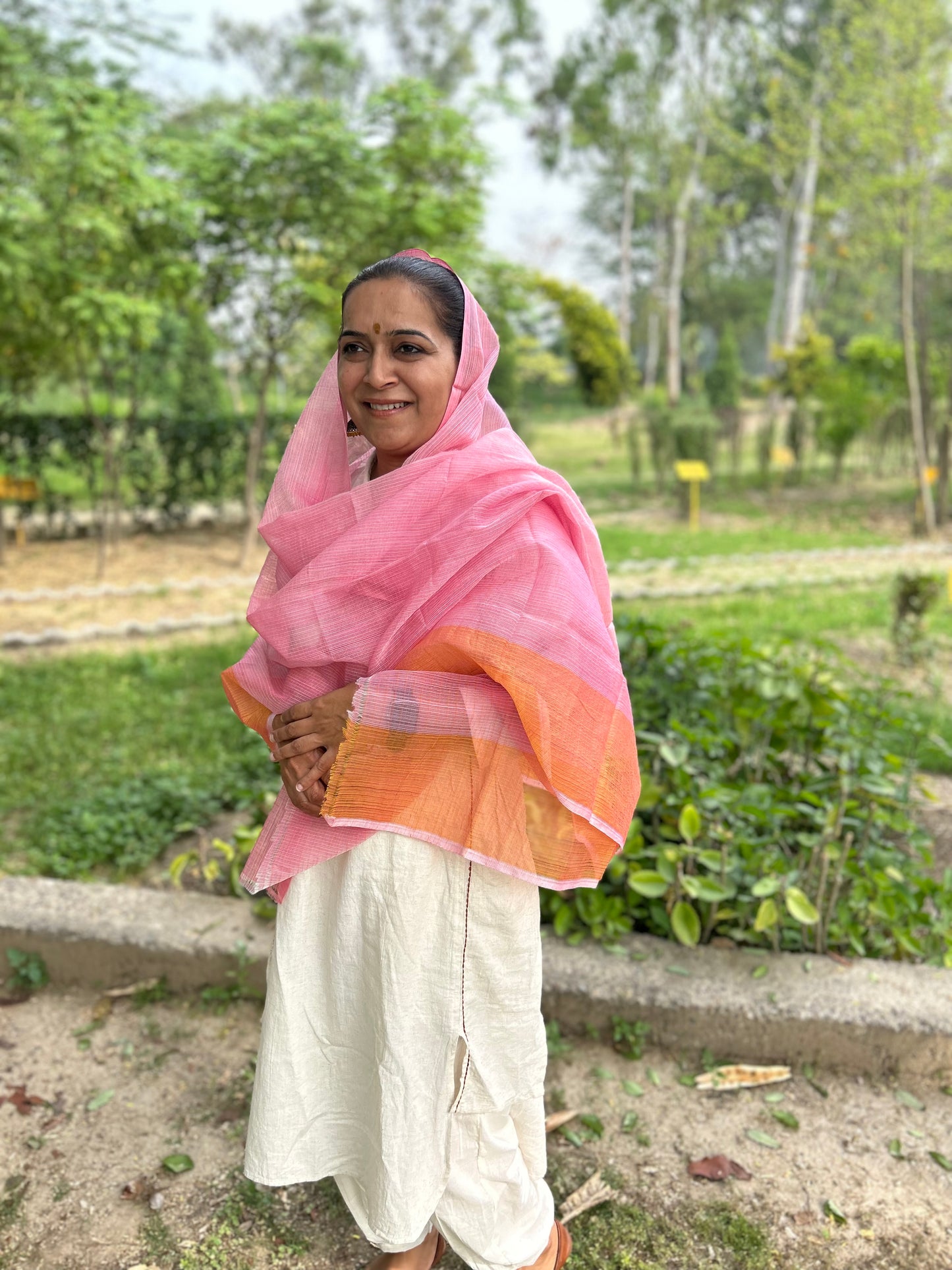 Peach Orange Hand Woven Kota Doria Stole