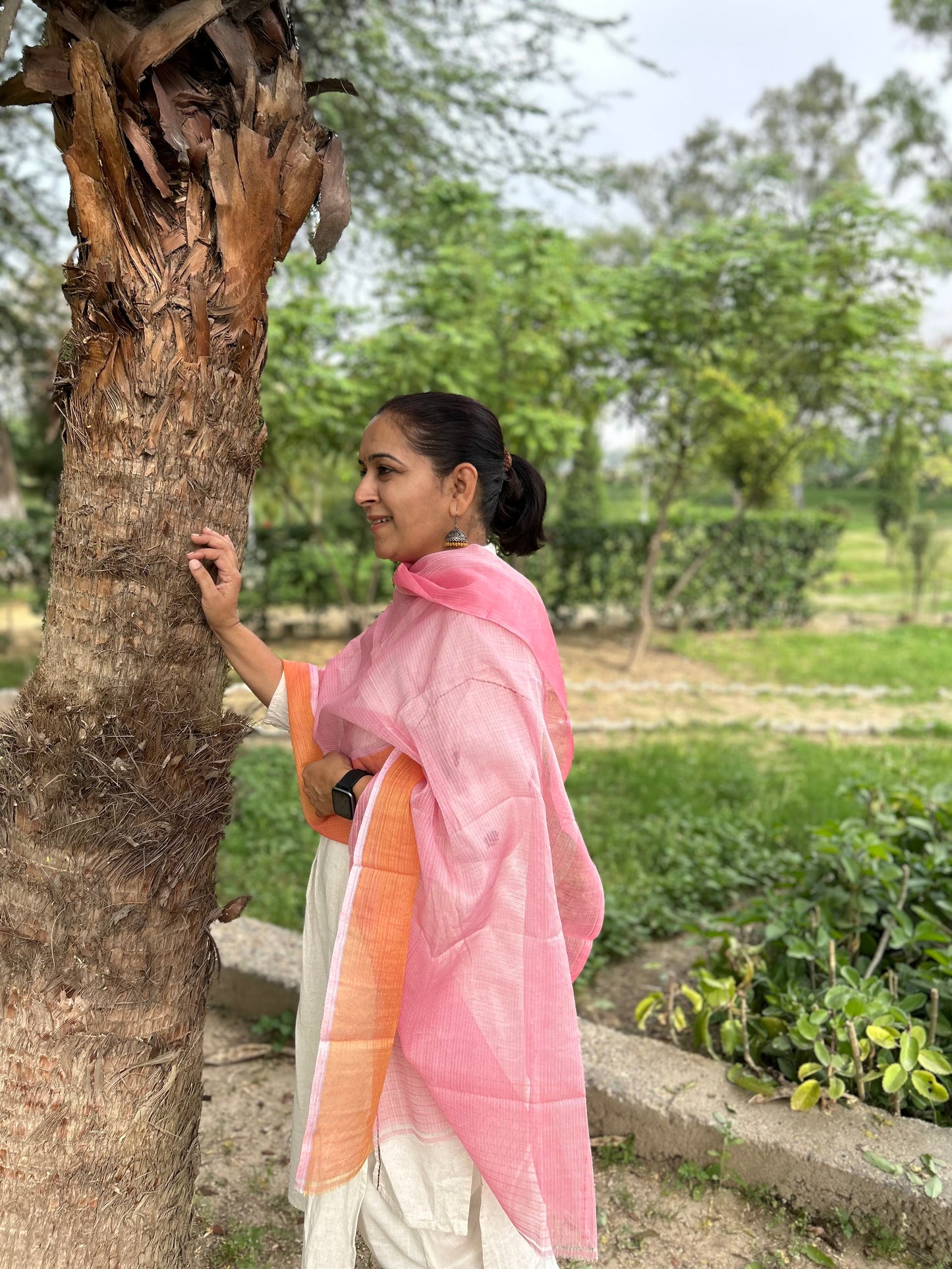 Peach Orange Hand Woven Kota Doria Stole