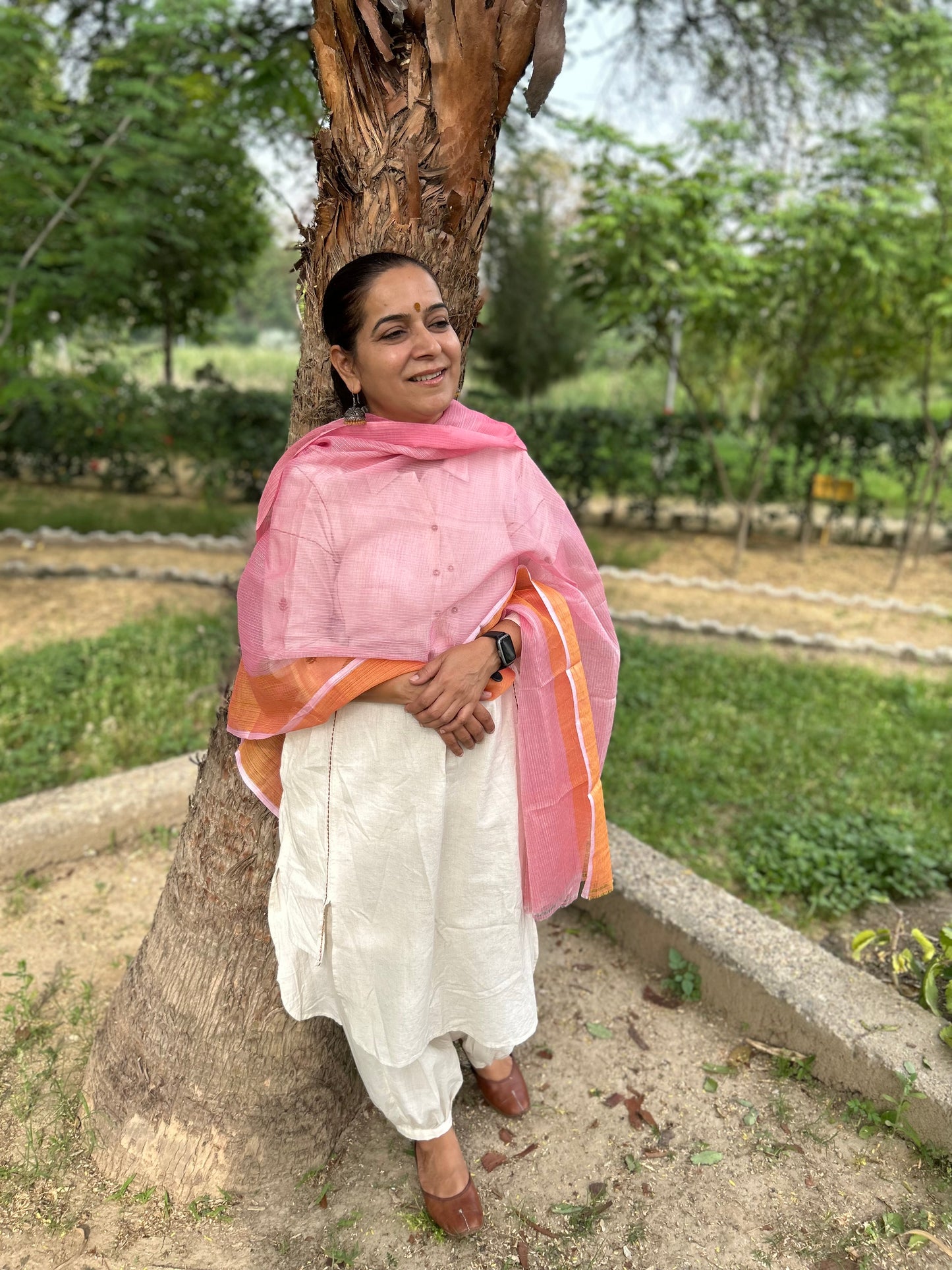 Peach Orange Hand Woven Kota Doria Stole