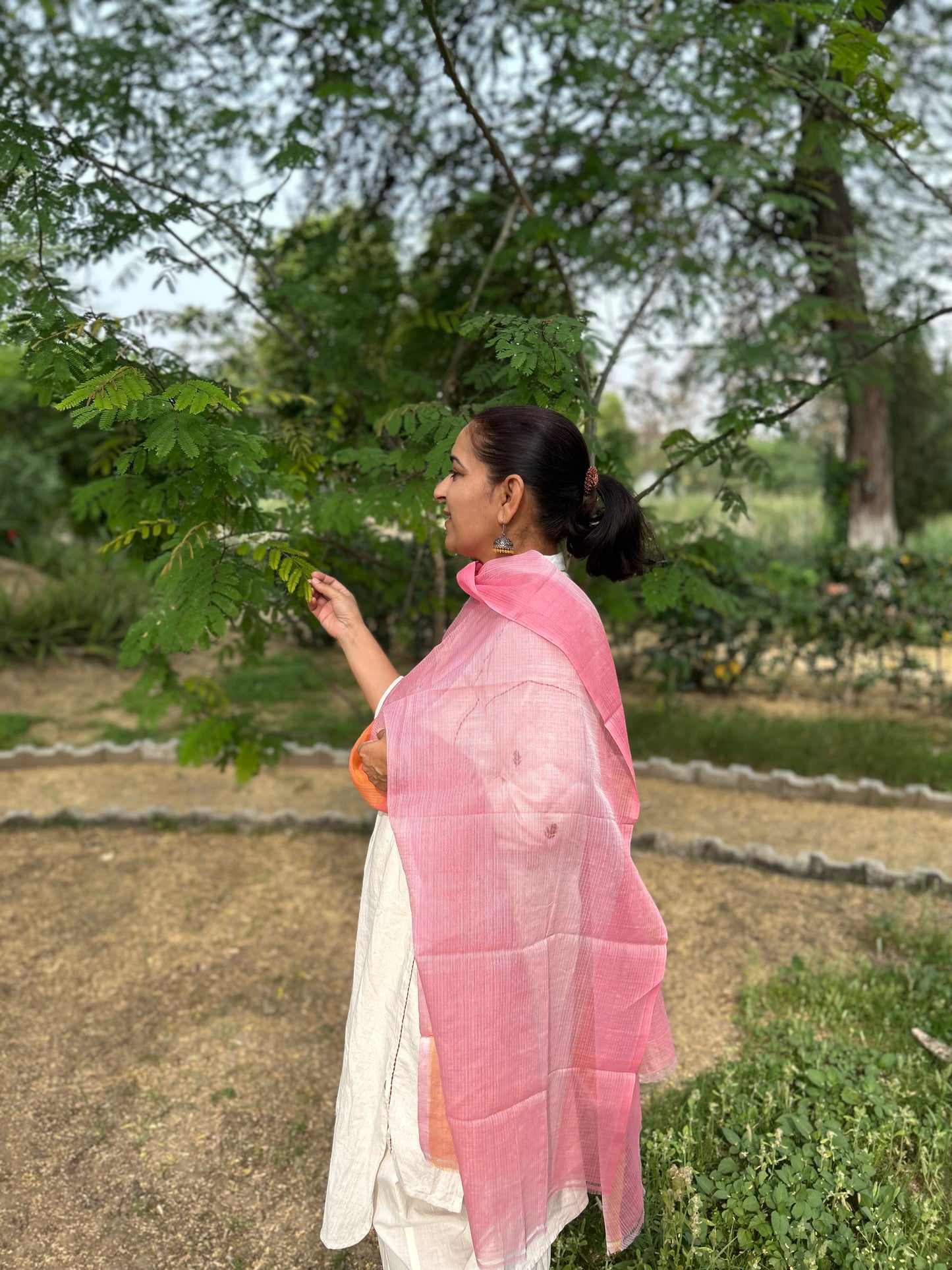 Peach Orange Hand Woven Kota Doria Stole