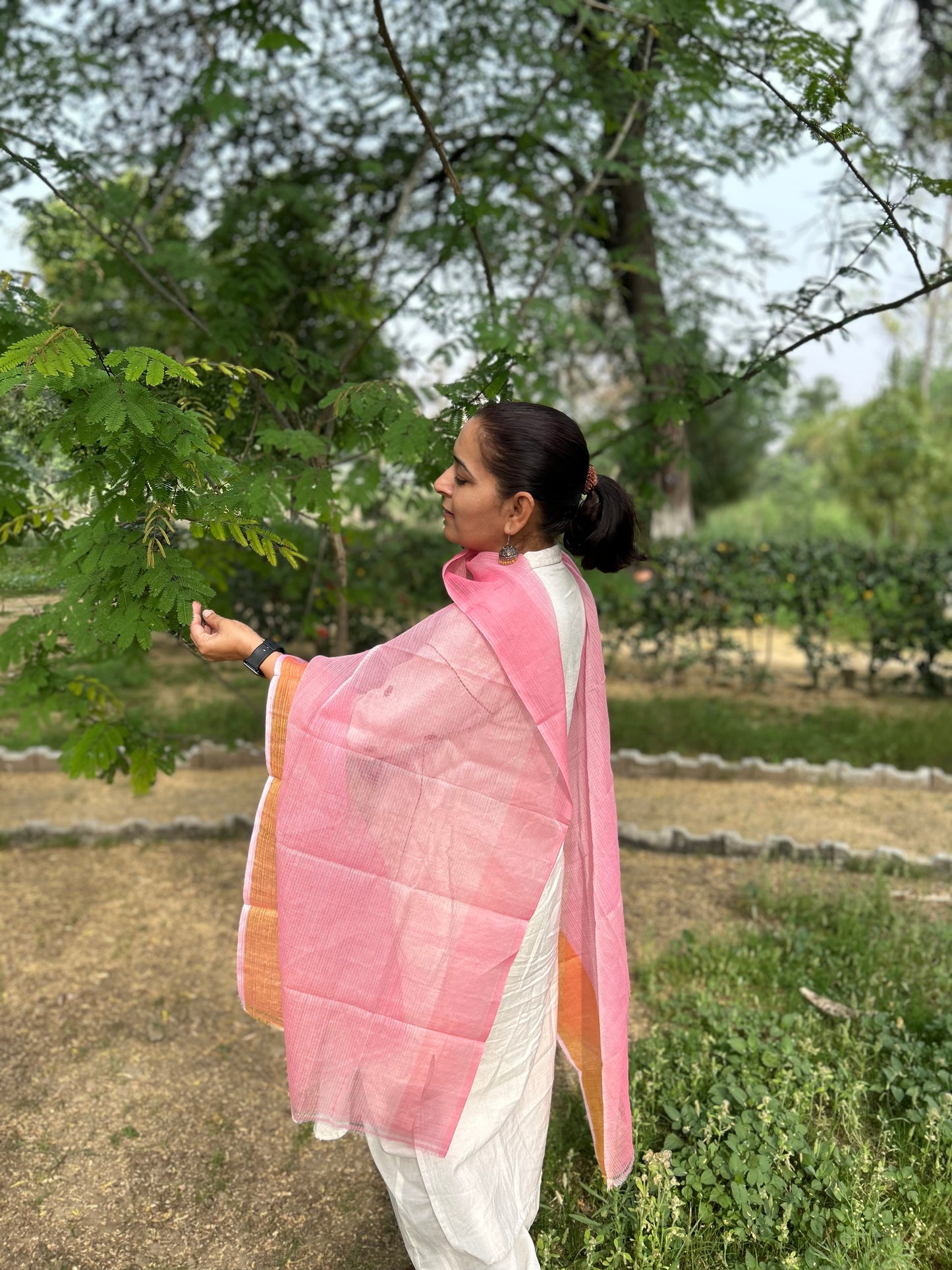 Peach Orange Hand Woven Kota Doria Stole
