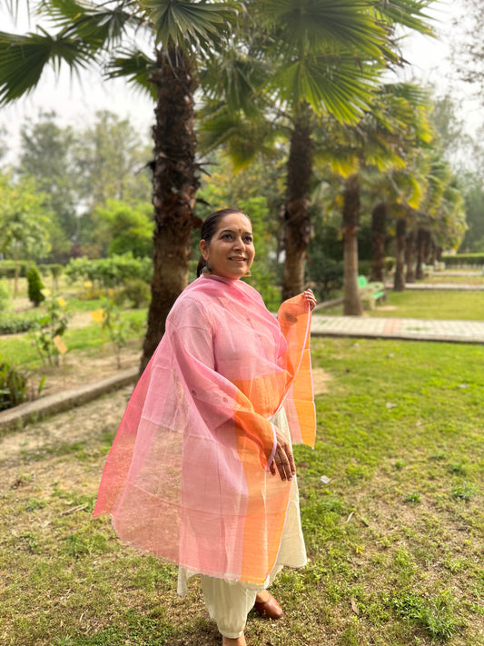 Peach Orange Hand Woven Kota Doria Stole