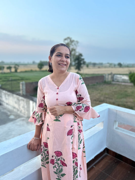 Peach Block Printed Dress