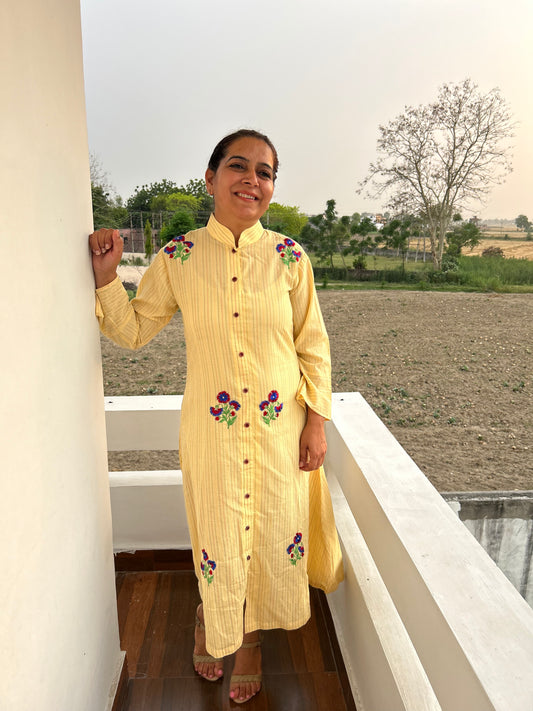 Cream Cotton Dress Machine Embroidered
