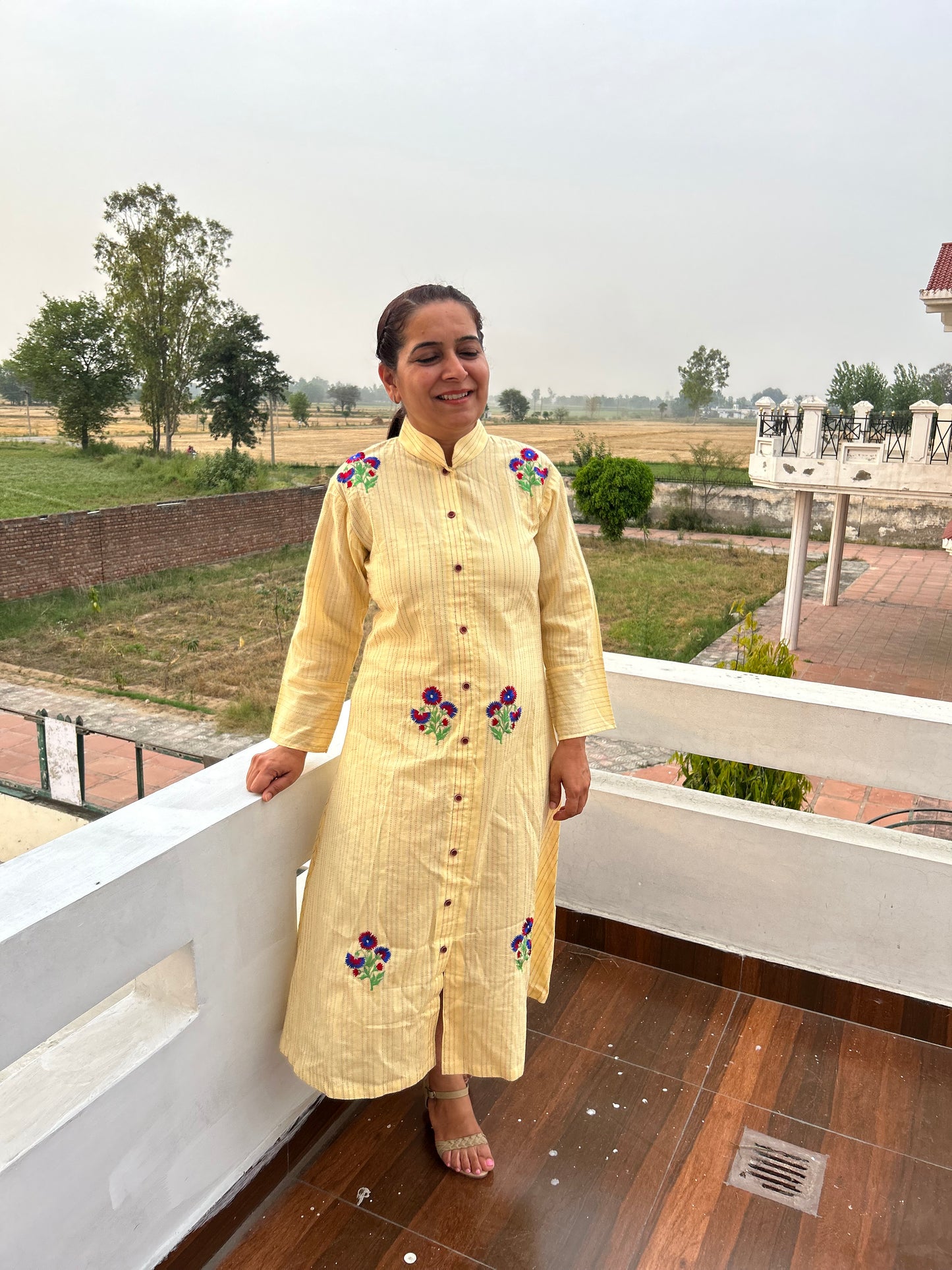 Cream Cotton Dress Machine Embroidered