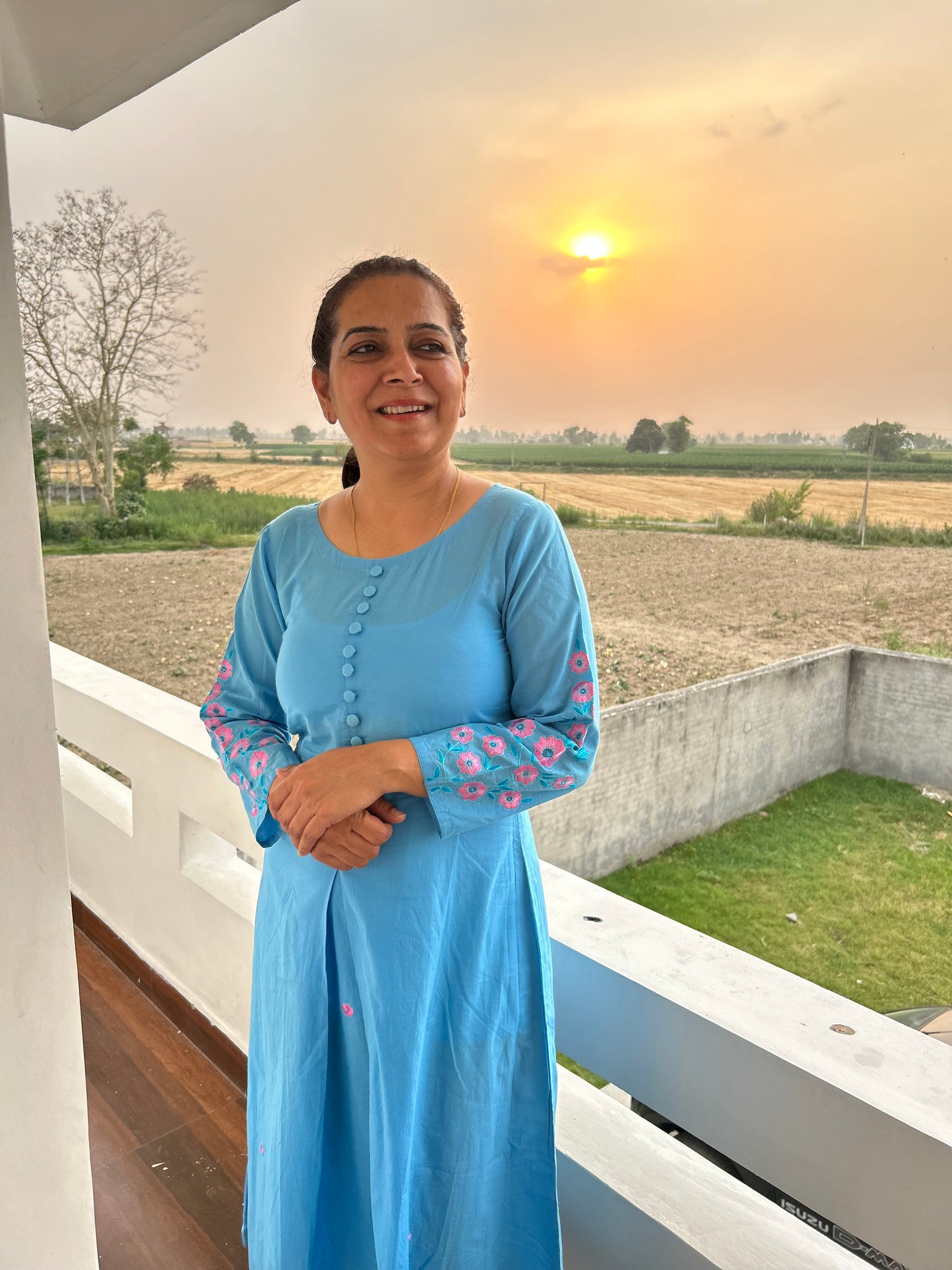 Sky Blue Cotton Hand Embroidery Dress
