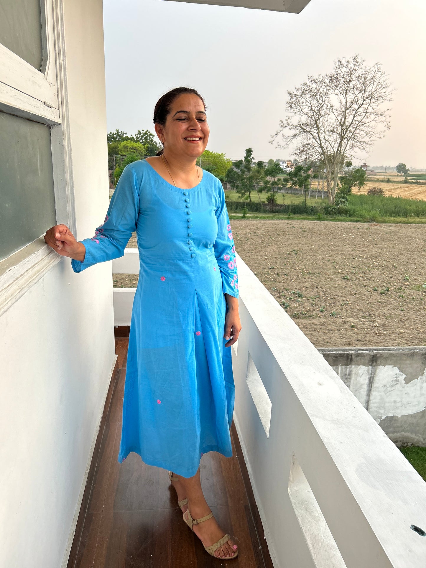 Sky Blue Cotton Hand Embroidery Dress