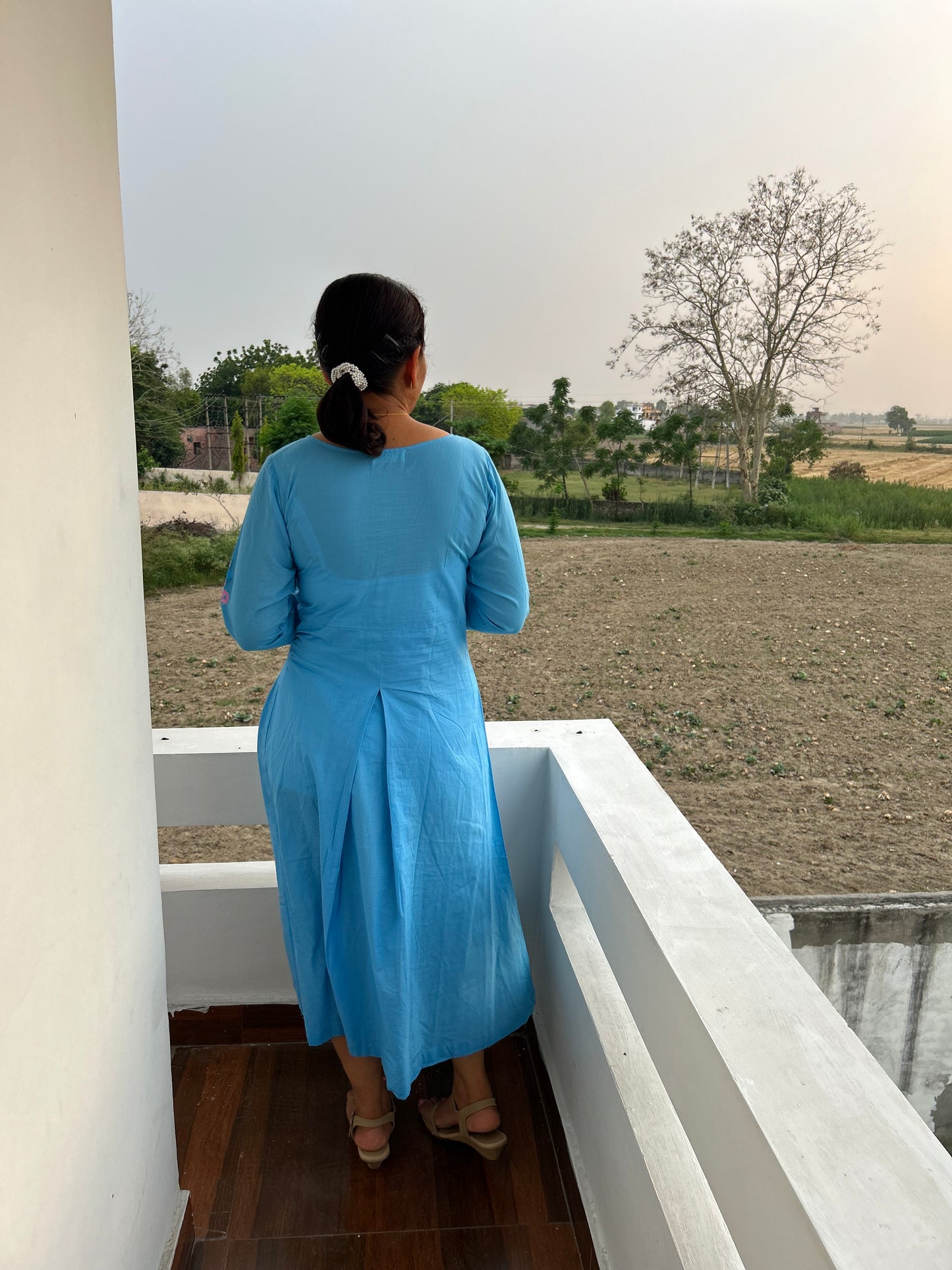 Sky Blue Cotton Hand Embroidery Dress