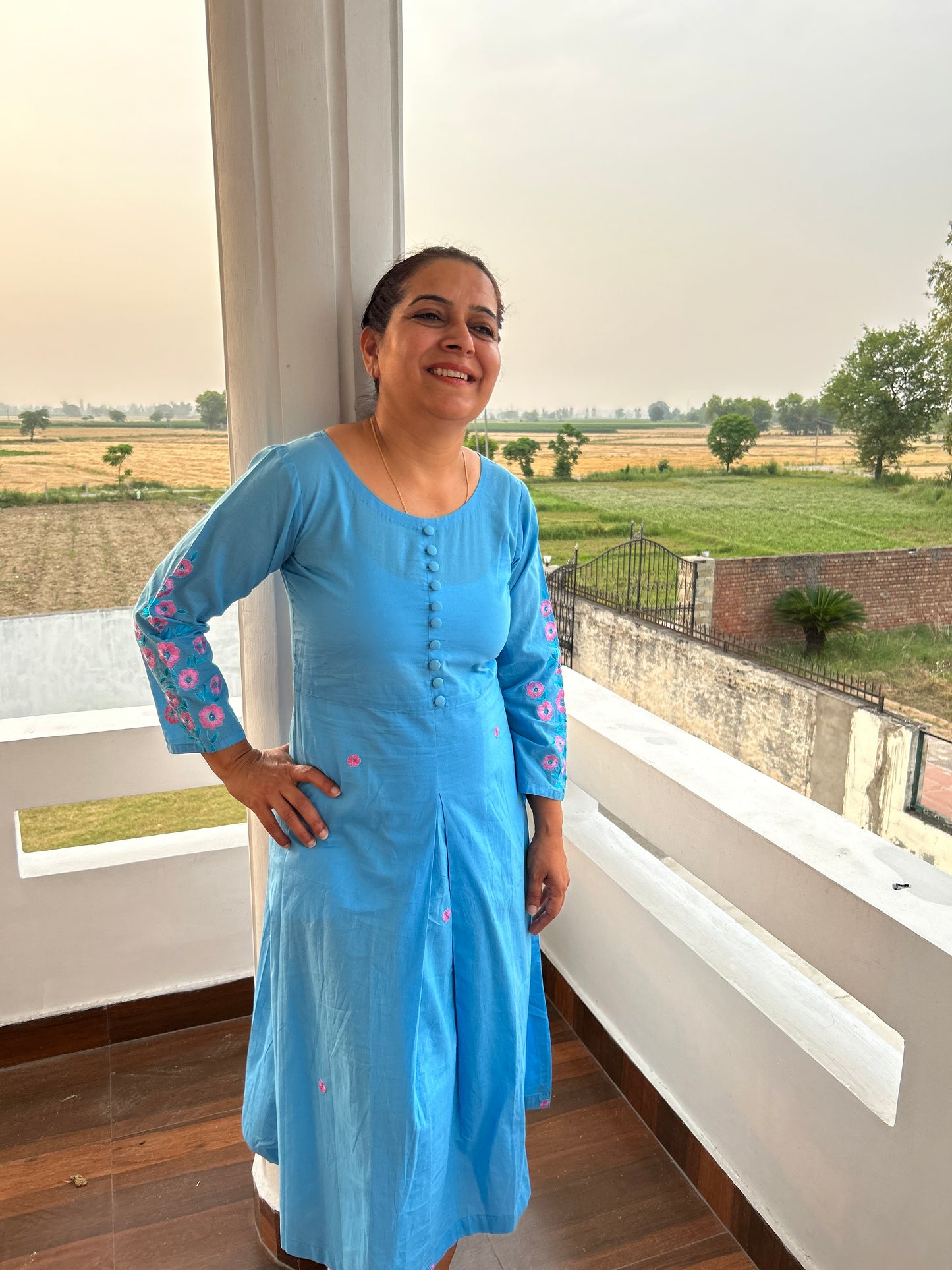 Sky Blue Cotton Hand Embroidery Dress