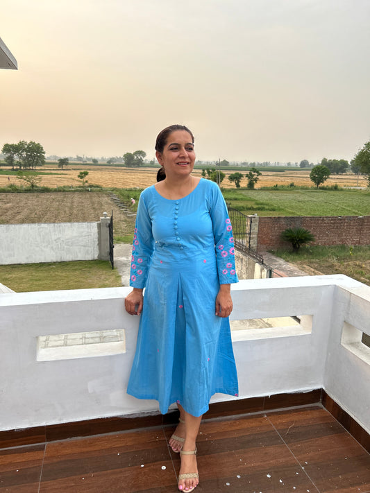 Sky Blue Cotton Hand Embroidery Dress