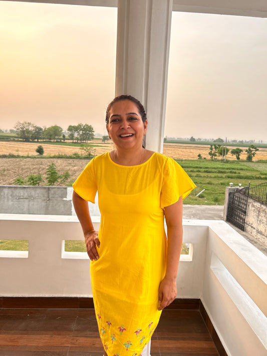 Yellow Cotton Machine Embroidery Dress
