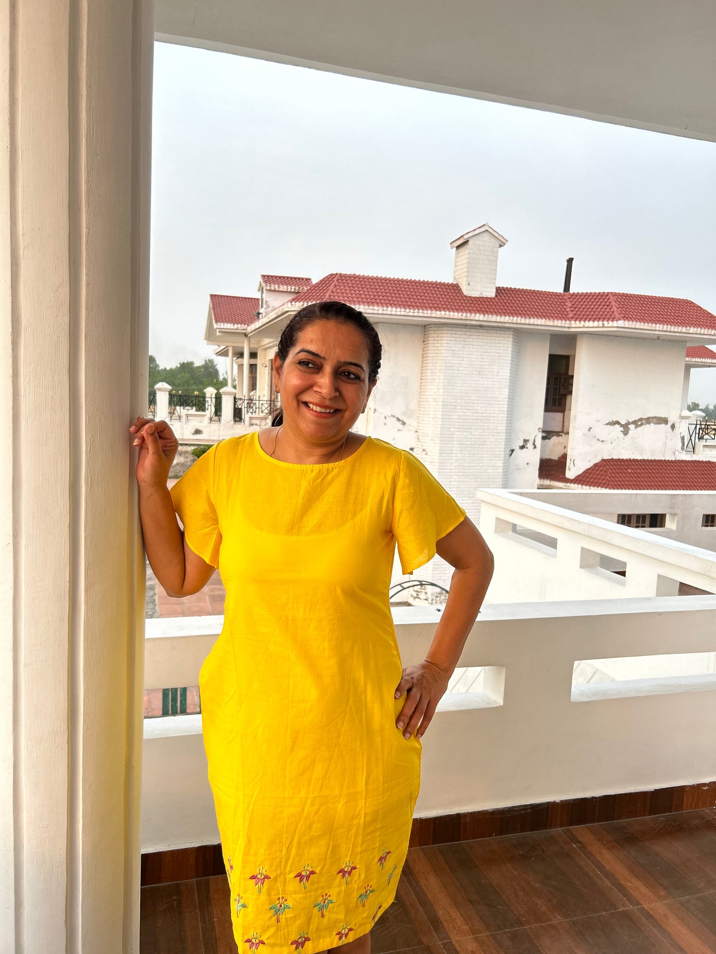Yellow Cotton Machine Embroidery Dress