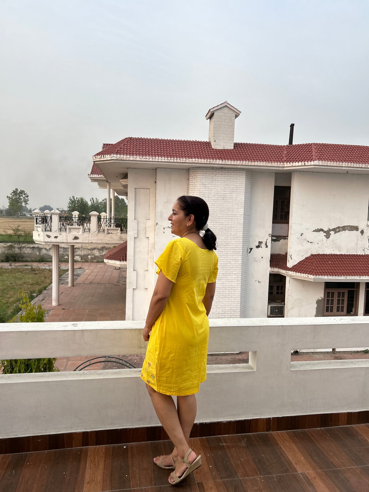 Yellow Cotton Machine Embroidery Dress