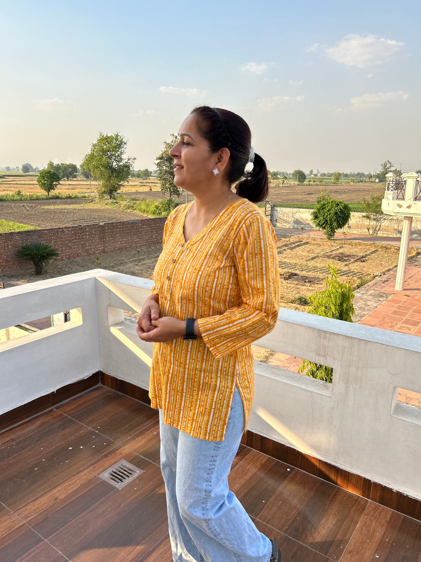 Yellow Cotton  Block Printed Top