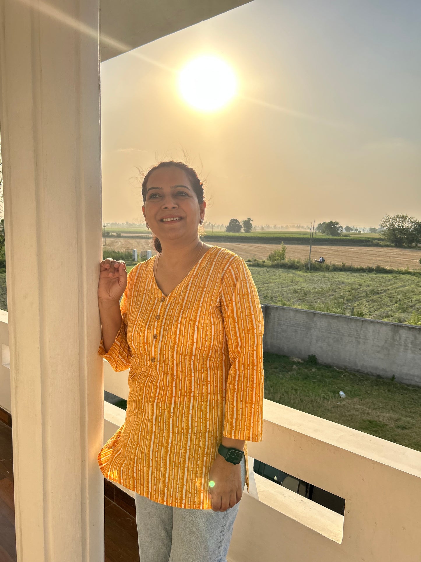 Yellow Cotton  Block Printed Top