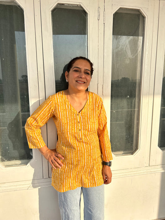 Yellow Cotton  Block Printed Top