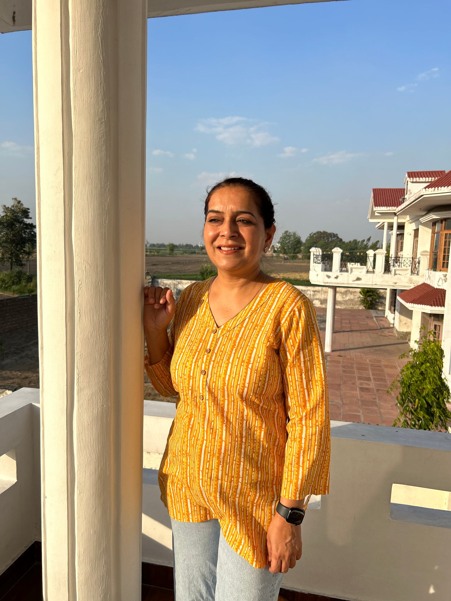 Yellow Cotton  Block Printed Top