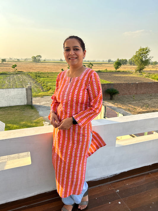 Peach Cotton Block Printed Kurta