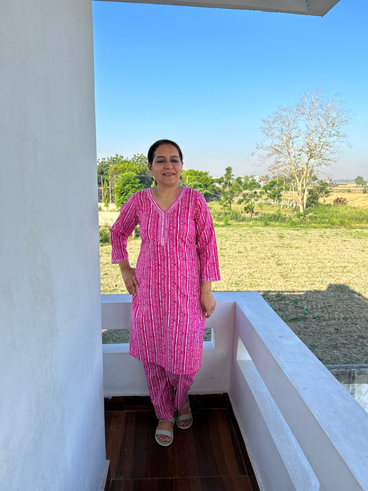 Pink Cotton Block Printed Kurta Set