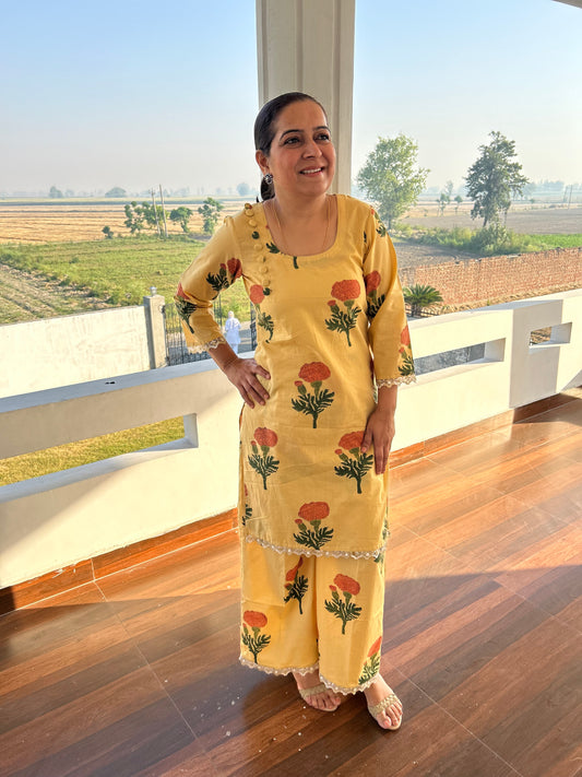 Yellow Printed Cotton Kurta Set