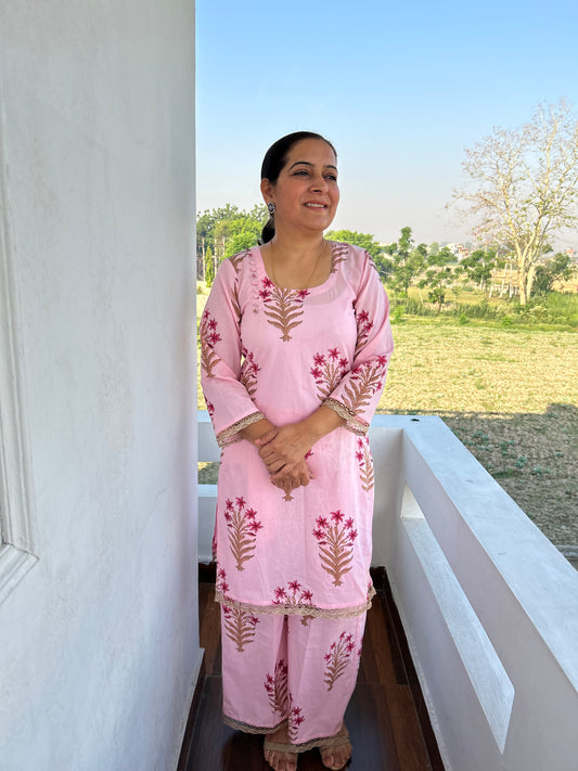 Pink Block Printed Kurta Set