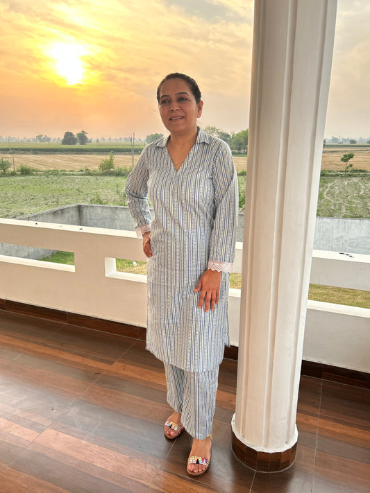 Grey Block Printed Cotton Kurta Set