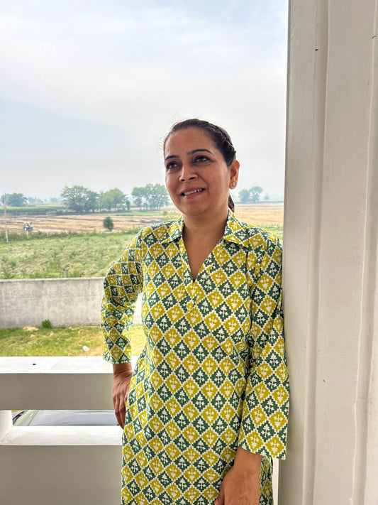 Green Block Printed Cotton Kurta Set