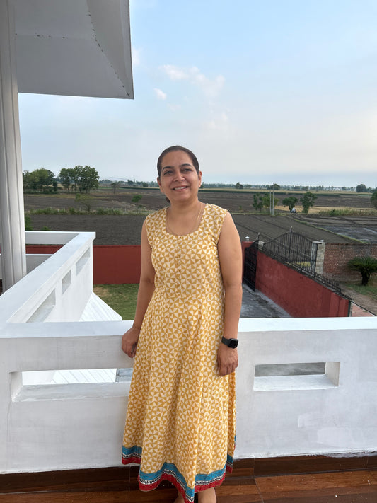 Beige Cotton Block Printed Dress
