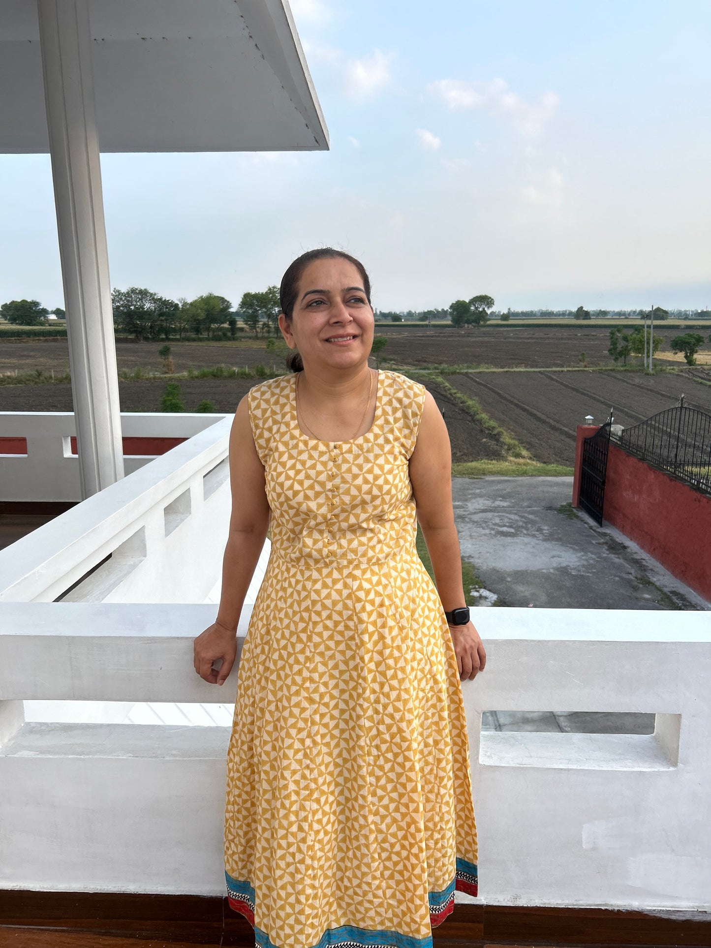 Beige Cotton Block Printed Dress
